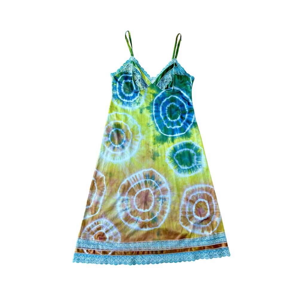 Hand Dyed Vintage Rainbow Multi Color Shibori Dye Slip Dress Reworked Loungewear